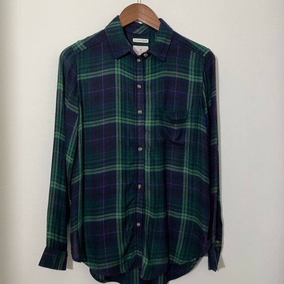 American Eagle Button-down Flannel Plaid - Blue/Green S - Picture 1 of 10